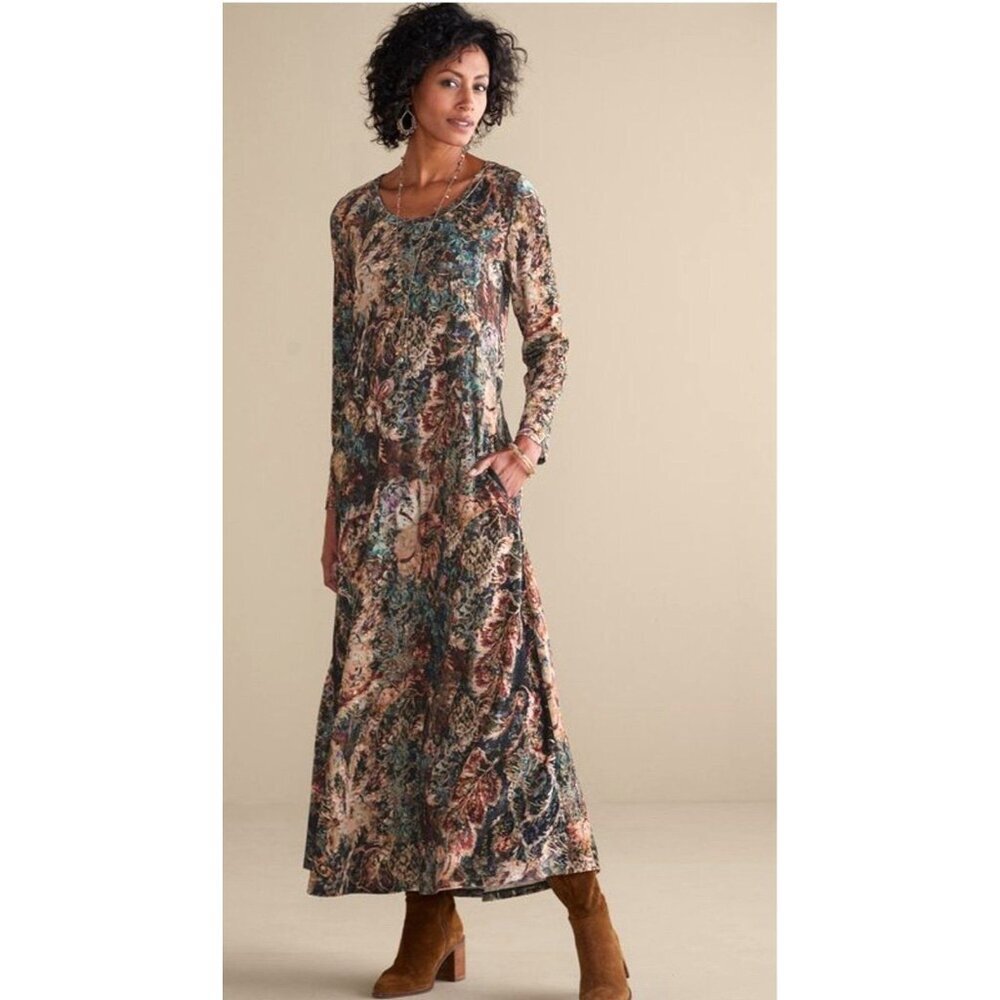 NWT Soft Surroundings Santiago Stretch Velvet Floral Maxi Dress Pockets Boho